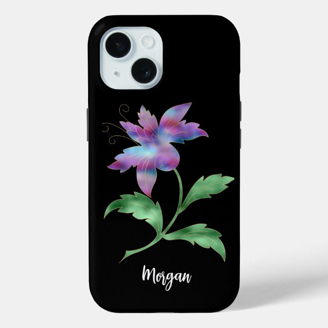 Schillernde Blume auf Schwarz, Schriftname Case-Mate iPhone Hülle (Rückseite)