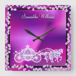 Schillernde lila Prinzessin Coach u. Pferde Quadratische Wanduhr