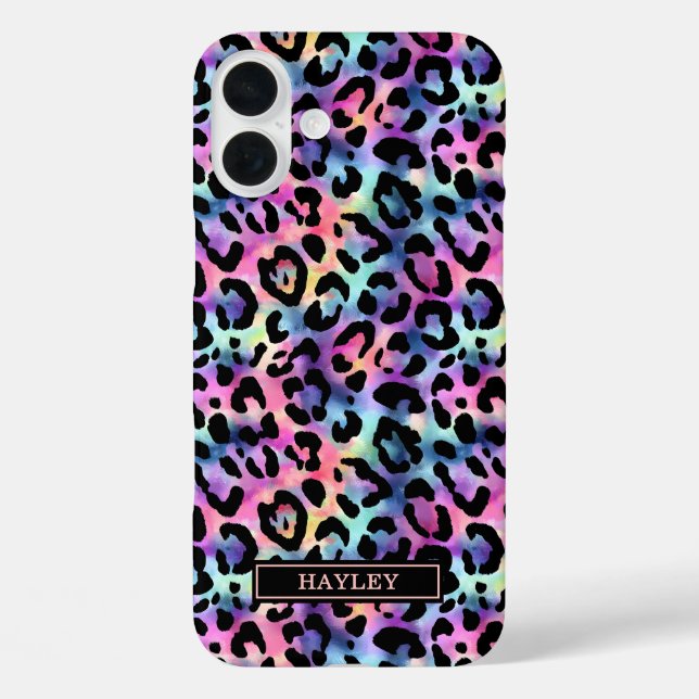 Schillernder Leopardenprint monogrammiert iPhone 16 Plus Hülle (Rückseite)