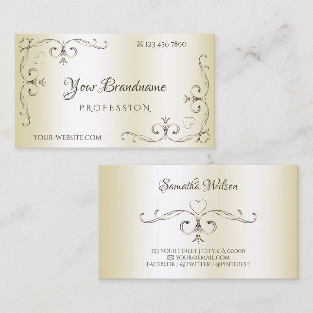 Schimmercreme Verzierte Eckbänder Ornamental Visitenkarte (Vorne/Hinten)