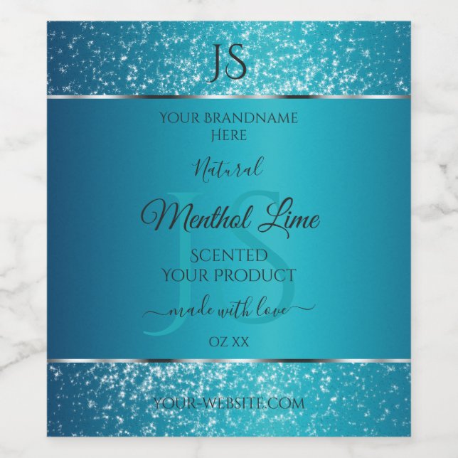 Schimmerly Aquamarin mit Glitzer Initials Product  Weinetikett (Einzelnes Label)