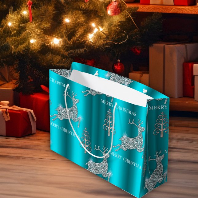 Schimmernd Diamond Rentier Leaping Aqua Weihnachte Große Geschenktüte (Von Creator hochgeladen)