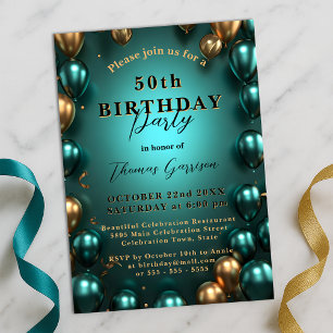 Schimmernde Aquamarine und Goldballons 50. Geburts Einladung