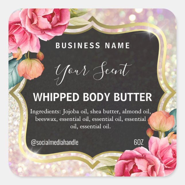 Schimmernde Body Butter Labels Quadratischer Aufkleber (Vorderseite)