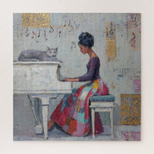 Schimmernde Klavierdame Lila Graue Katze