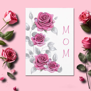 Schimmernde rosa Rosen mit silbernem Muttertag  Karte