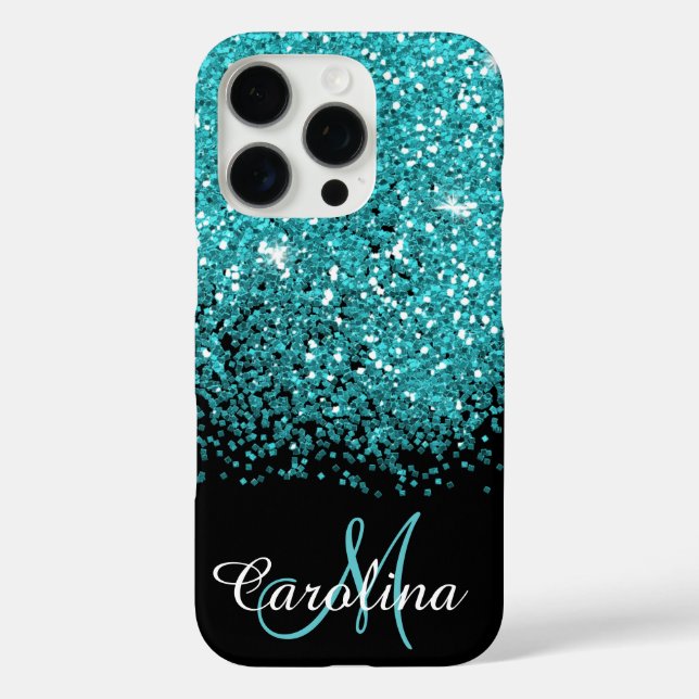 Schimmernder Aquamariner Glitzer, Personalisiert iPhone 16 Pro Hülle (Rückseite)