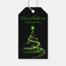 Schimmernder grüner Weihnachtsbaum-Geschenkanhänge