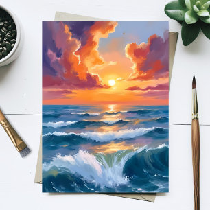 Schimmernder Meeressonnenuntergang Ozean Aquarellm Postkarte