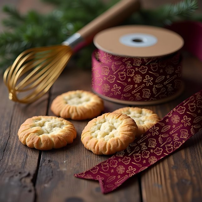 Schimmerndes goldenes Burgunder Weihnachtsgebäck M Satinband (Shimmering Gold Burgundy Christmas Baking Pattern Satin Ribbon)