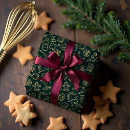 Schimmerndes goldenes und grünes Weihnachtsbackmus Geschenkpapier