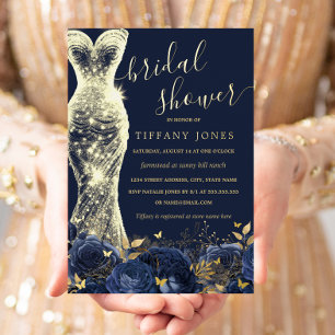Schimmerndes Kleid in Navy-Gold-Blumen-Rosen-Braut Folieneinladung