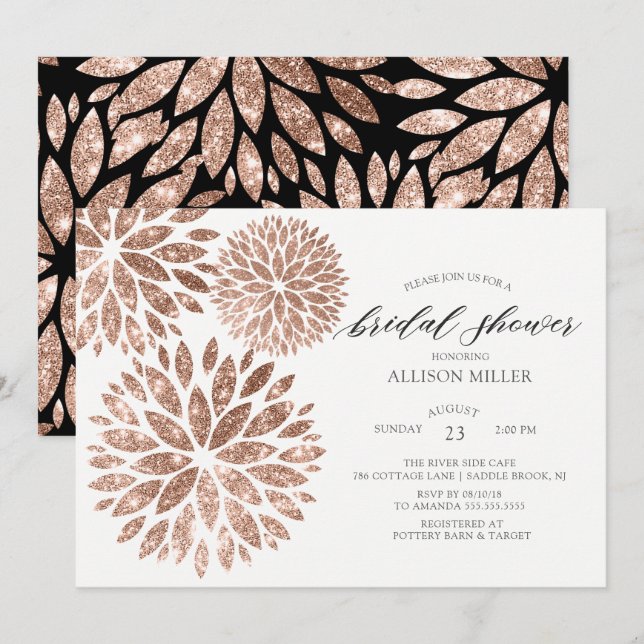 Schimmerndes Rose Gold Dahlias Brautparty Einladung (Vorne/Hinten)