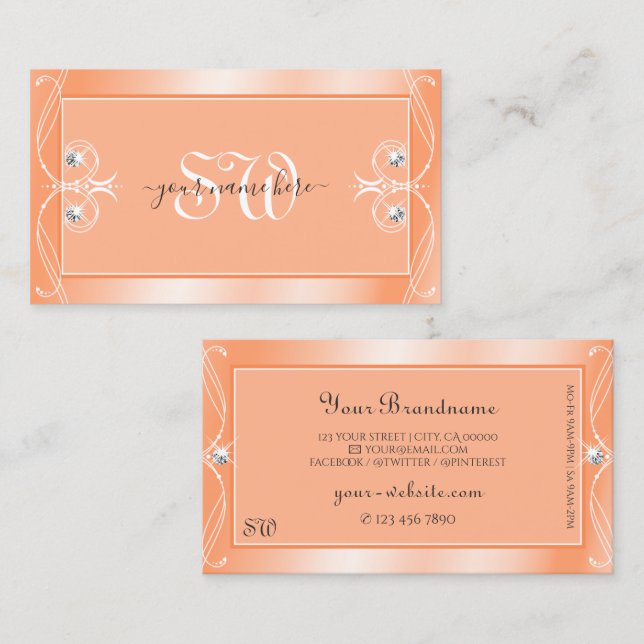 Schimmerpfirsichglättende Diamanten-Monogramm Verz Visitenkarte (Vorne/Hinten)