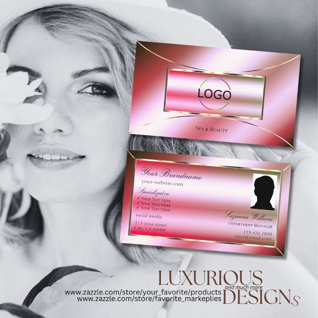 Schimmerrosa grüne Farbe mit Logo und Foto Visitenkarte (Von Creator hochgeladen)