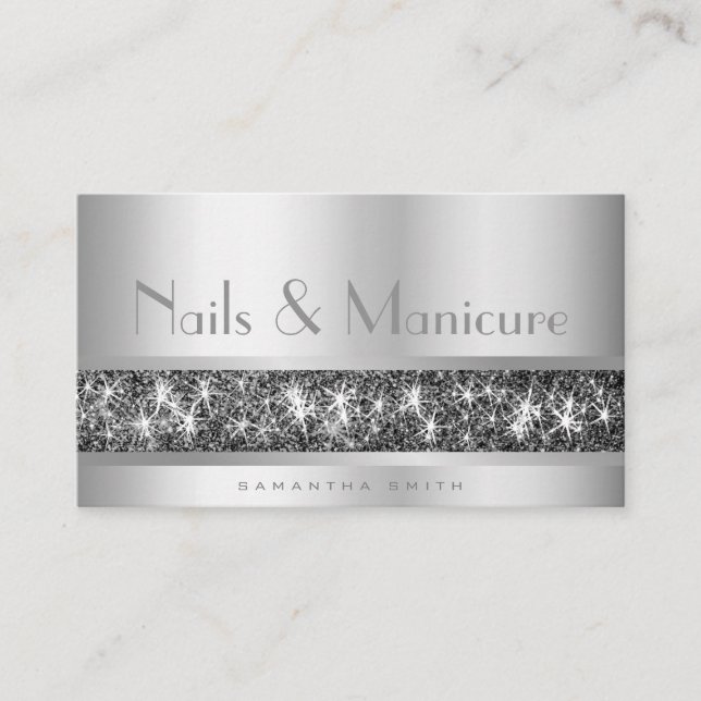 Schimmersilber Glitzer Glam Nail und Maniküre Visitenkarte (Vorderseite)