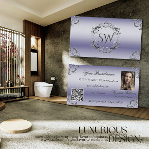 Schimmery Blue Silver Decoder Monogram Foto QR Cod Visitenkarte