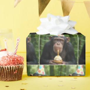 Schimpanse hält einen Geburtstagskuchen Geschenkpapier