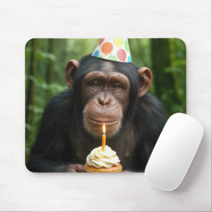 Schimpanse hält einen Geburtstagskuchen Mousepad