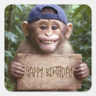 Schimpanse mit einem Happy Birthday-Schild Quadratischer Aufkleber