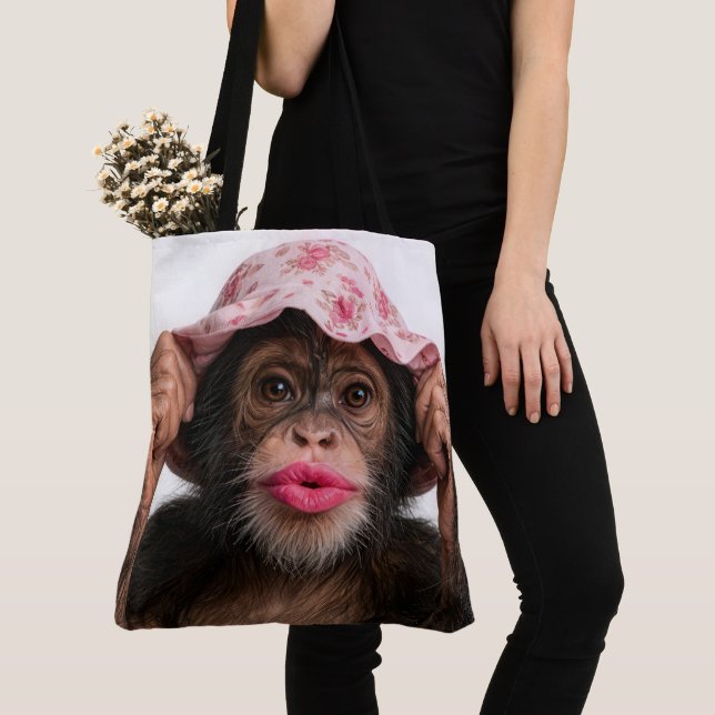 Schimpanse mit rosa Lippenstift Tasche (Von Nahem)