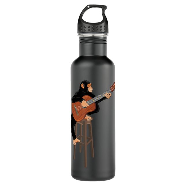 Schimpanse spielt akustische Gitarre. Funny Affe Edelstahlflasche (Vorderseite)