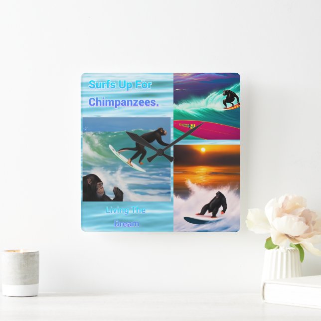 Schimpansen surfen FotoCollage, Wall Clock Quadratische Wanduhr (Zuhause)