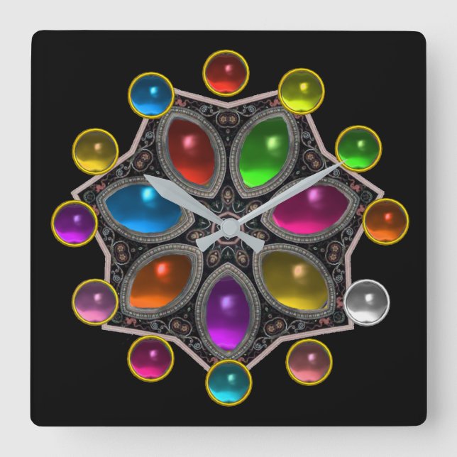 SCHINKSTAR MIT FARBEN GEMSTONEN, schwarz Quadratische Wanduhr (Vorderseite)