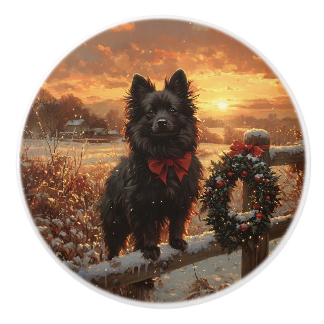 Schipperke Dog Rustic Winter Sunset Keramikknauf (Vorderseite)