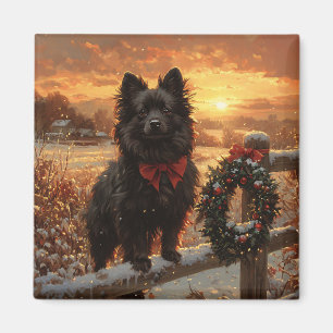 Schipperke Dog Rustic Winter Sunset Magnet