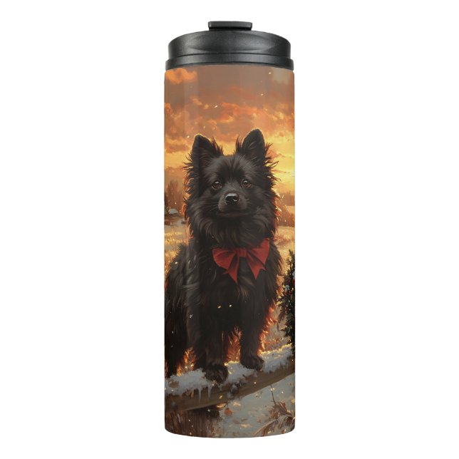 Schipperke Dog Rustic Winter Sunset Thermosbecher (Vorderseite)