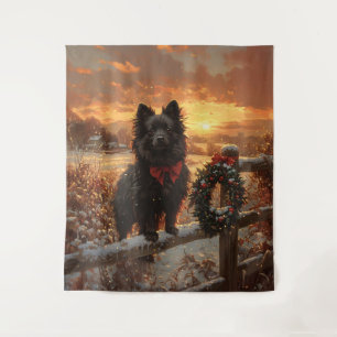 Schipperke Dog Rustic Winter Sunset Wandteppich