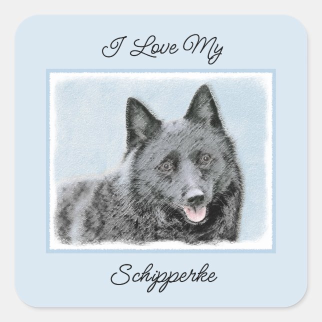 Schipperke Malerei - Niedliches Original Dog Art S Quadratischer Aufkleber (Vorderseite)