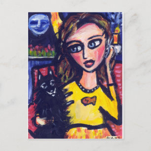 Schipperke umarmt Frau am Telefon Postkarte
