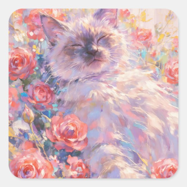 Schlachten der Siamkatze bei Rote Rosen Quadratischer Aufkleber (Vorderseite)