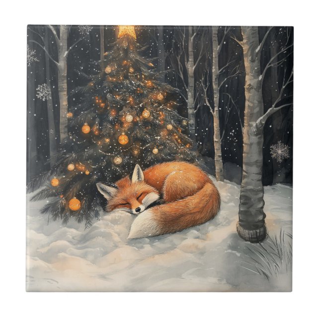 Schlaf Fox Whimsical Rustikale Weihnachten Fliese (Vorderseite)