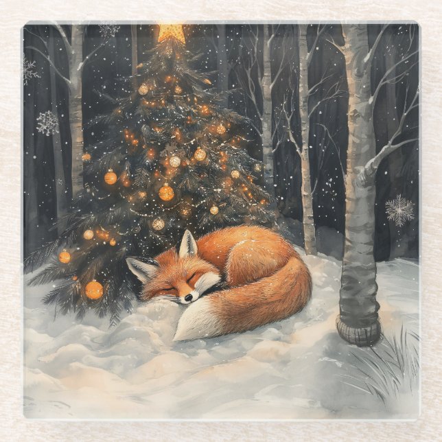 Schlaf Fox Whimsical Rustikale Weihnachten Glasuntersetzer (Vorderseite)