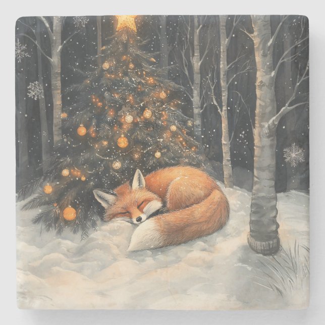 Schlaf Fox Whimsical Rustikale Weihnachten Steinuntersetzer (Vorderseite)