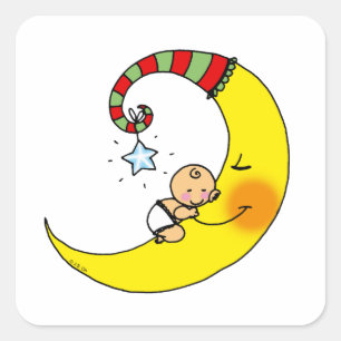Schlafbaby auf dem Mond Babydusche Quadratischer Aufkleber