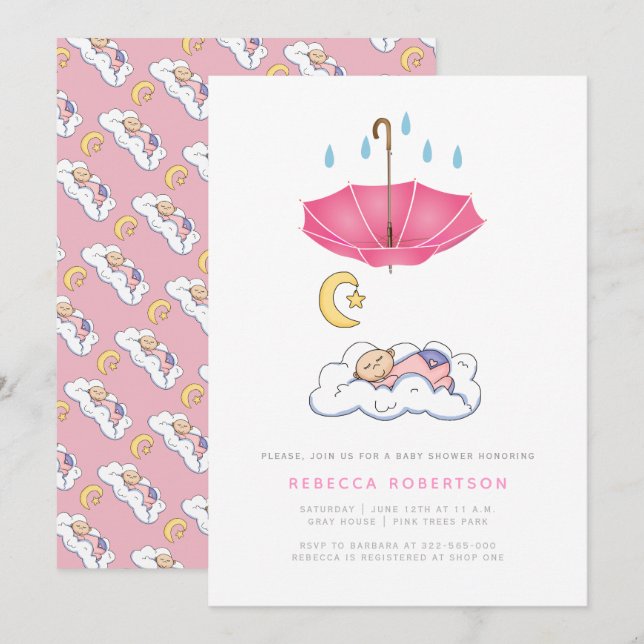 Schlafbaby Dusche Rosa Regenschirm niedlich Einladung (Vorne/Hinten)