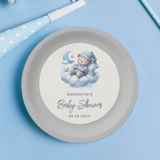 Schlafbär auf Cloud Graue & Blue-Junge-Babydusche Pappteller (Von Creator hochgeladen)