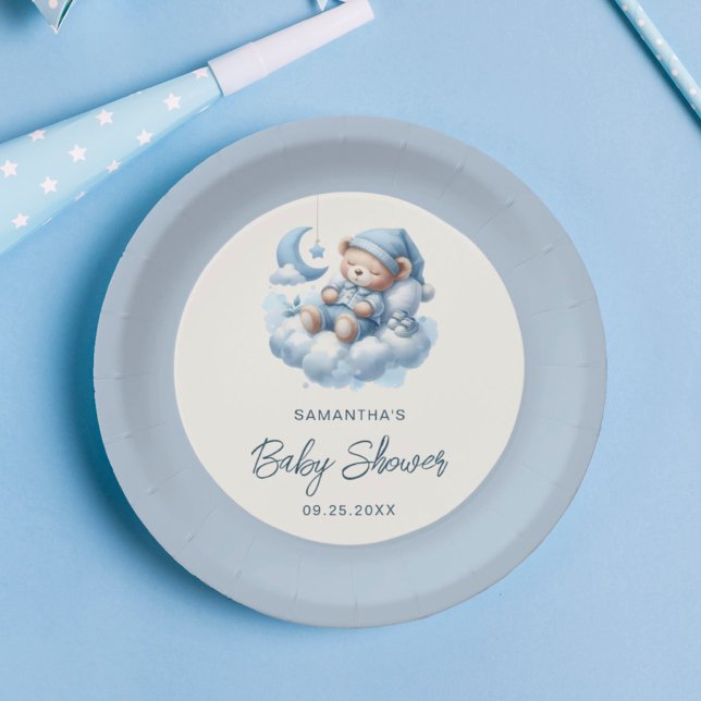Schlafbär in der Cloud dusty blue boy baby dusche Pappteller (Von Creator hochgeladen)