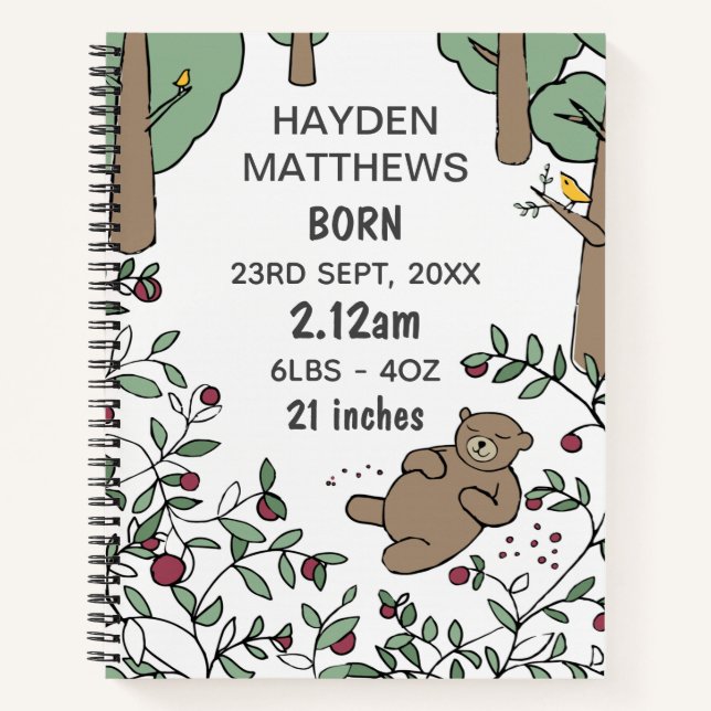 Schlafbärenwald Personalisiert Baby Journal Notizbuch (Vorderseite)
