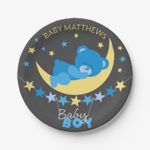 Schlafboy Teddy Bear auf Mond Babydusche Pappteller