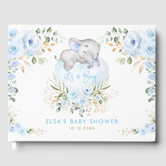 Schlafen Elephant Blue Floral Boy Baby Dusche Gästebuch (Vorderseite)