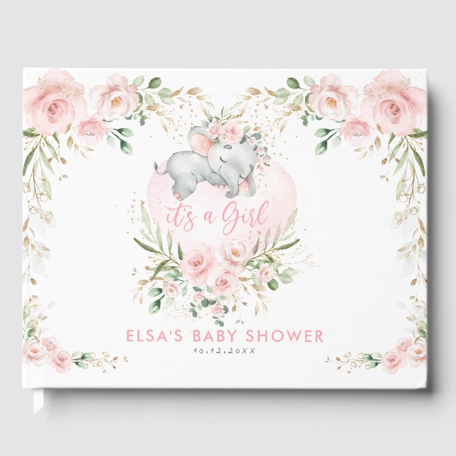 Schlafen Elephant Blush Pink Bloral Baby Dusche Gästebuch (Vorderseite)