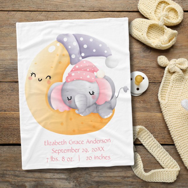 Schlafen Elephant Pink Girl Crescent Moon Baby Fleecedecke (Pink elephant sleeping crescent moon birth stats baby blanket)