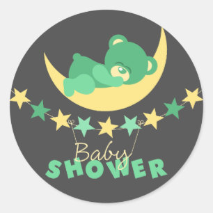 Schlafen Grüner Teddybär auf Mond Babydusche Runder Aufkleber