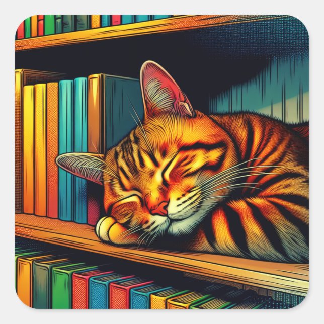 Schlafen im Comic Book Style Cat Schlafen Quadratischer Aufkleber (Vorderseite)