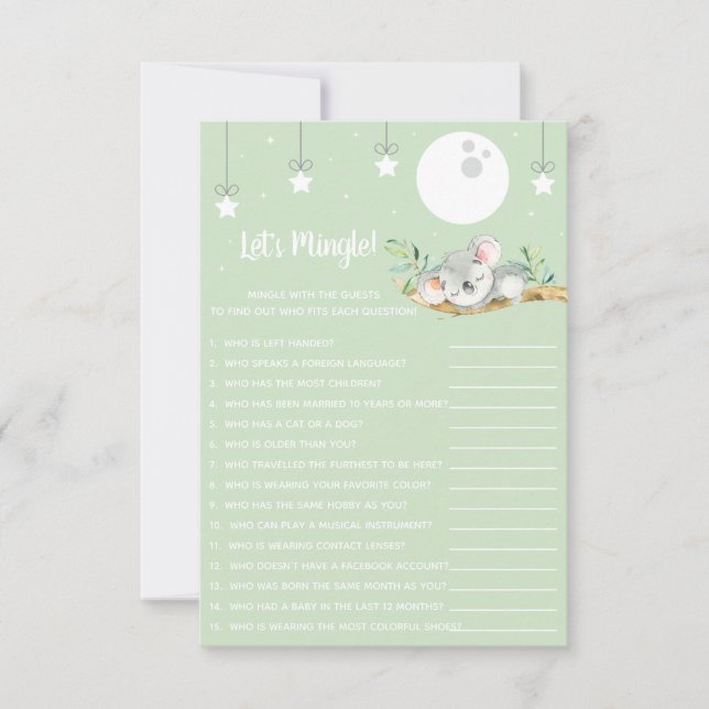 Schlafen Koala Baby Shower Game Let's Mingle! Invi Einladung (Vorderseite)